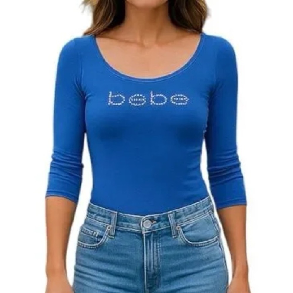BEBE Y2K Bling logo blue v-neck long sleeve ribbed top